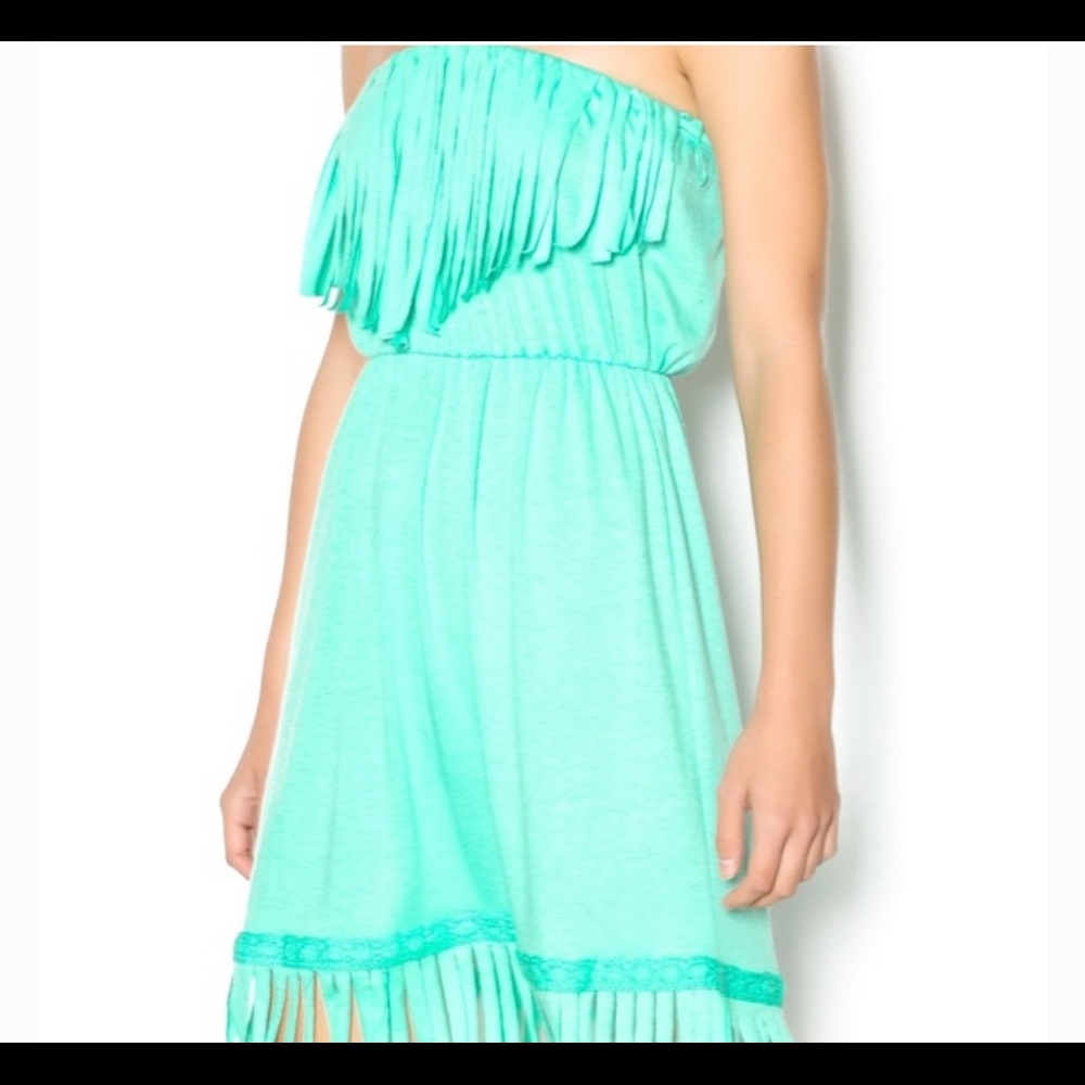 Bohemian Mint Fringe Strapless Dress - Picture 1 of 8